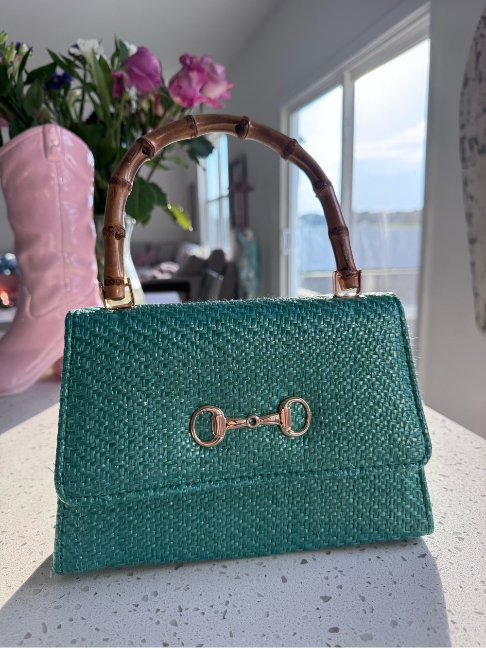 Green Woven Top-Handle Handbag with Bamboo Handle